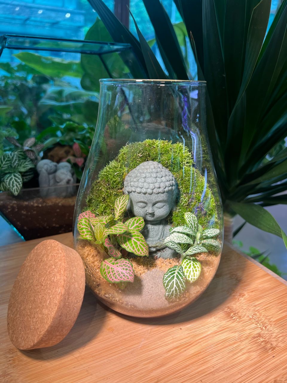 Fittonia with Moss Arrangement and Buddha Statue in Long Neck Glass with Lid
