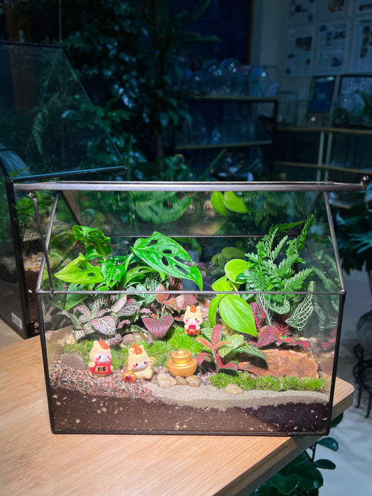 CNY Theme - Fittonia, Fern and Monstera Arrangement with Horseh Figurine in Black Frame Glasshouse (M)