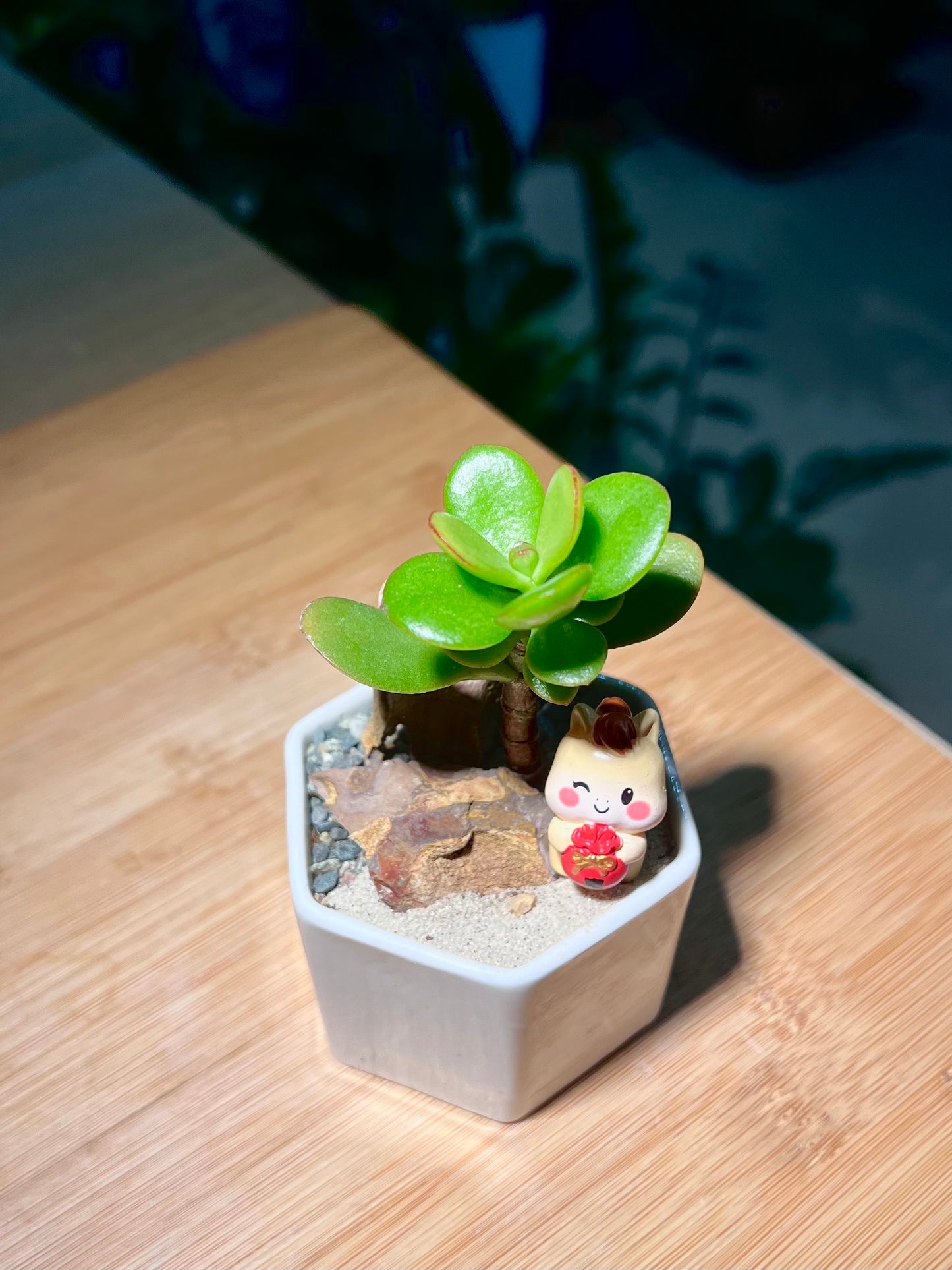 Jade Plant with Horseh Figurine in Hexagon Pot