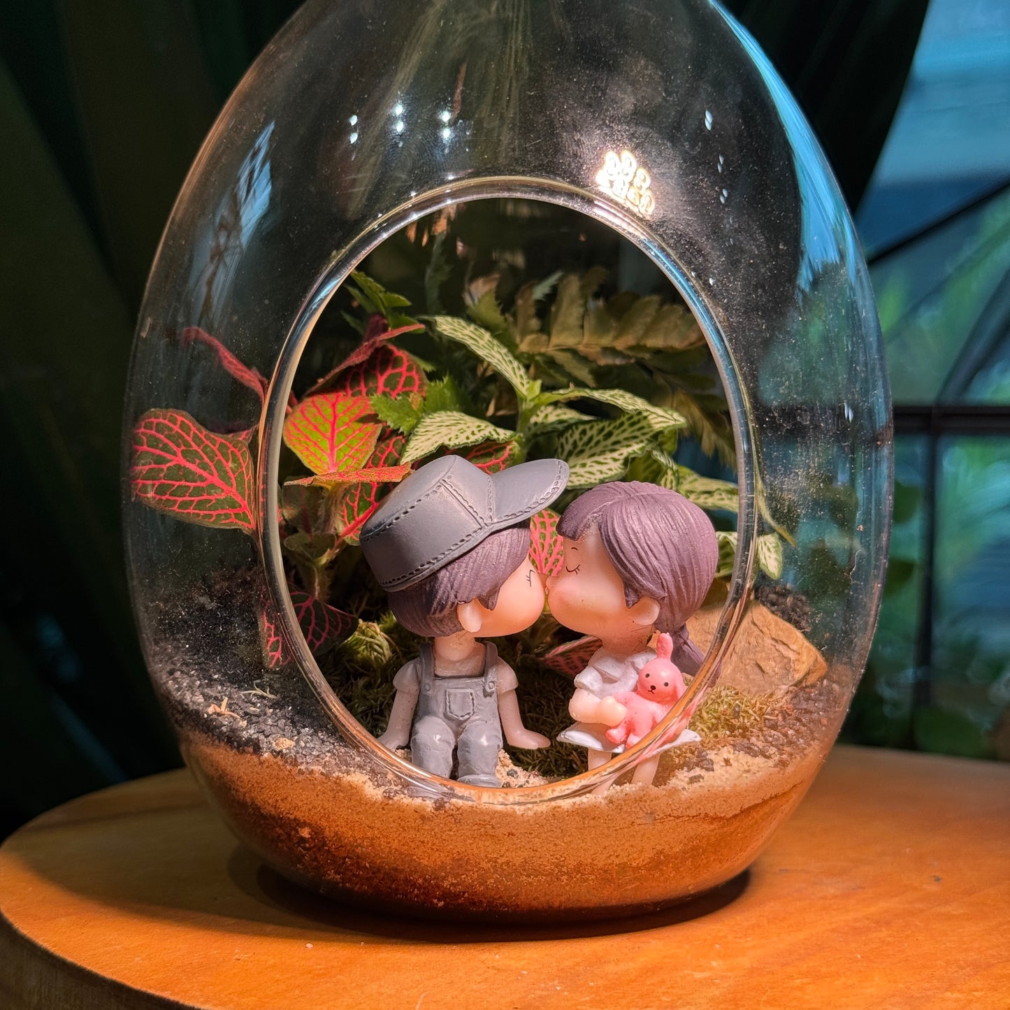 Fittonia and Fern Arrangement in Eggette Glass (L)