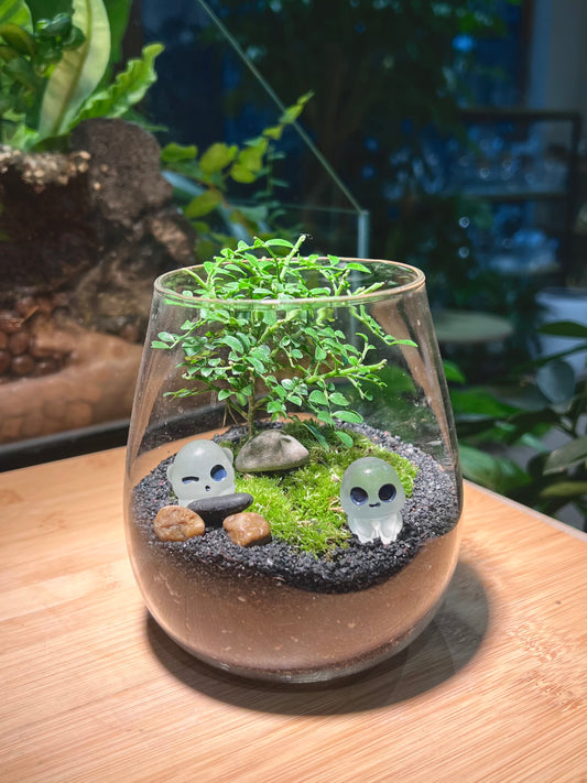 Moss and Muraya Arrangement in Tall Wine Glass