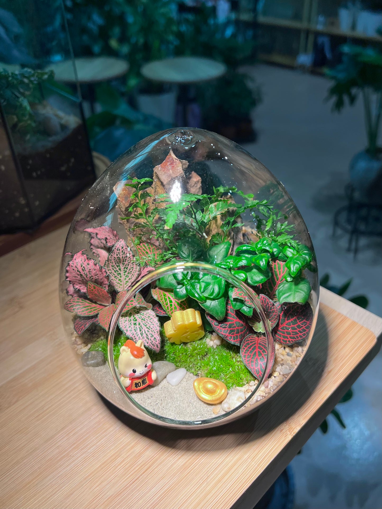 Fittonia and Bubble Plant with Moss Arrangement in Eggette Glass (L)