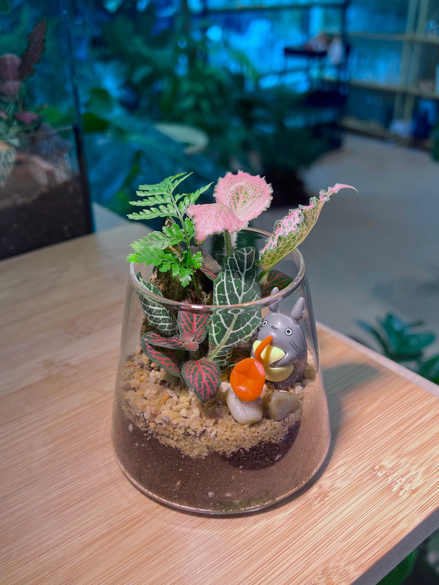 Fittonia and Fern Arrangement in Fuji Glass with Totoro Figurine