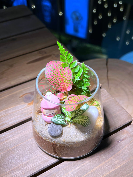 Fittonia & Fern Arrangement with Labubu Figurine in Fuji Glass Terrarium