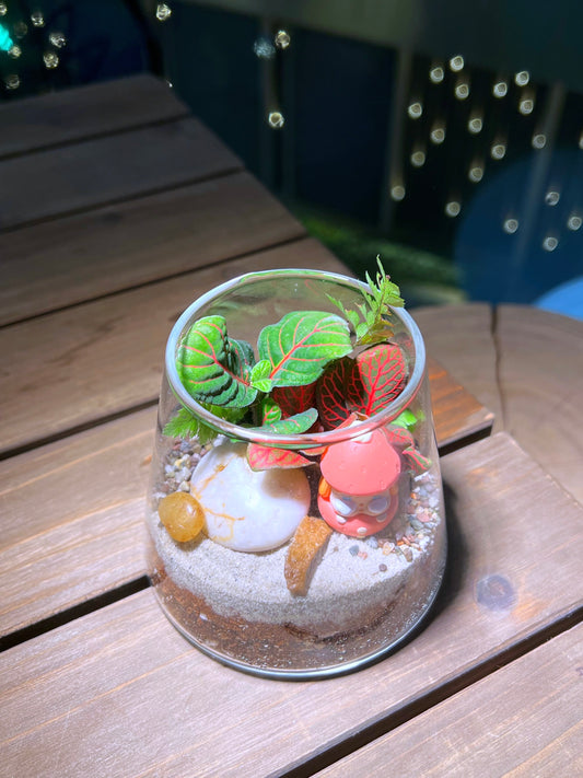 Fittonia & Fern Arrangement with Labubu Figurine in Fuji Glass Terrarium