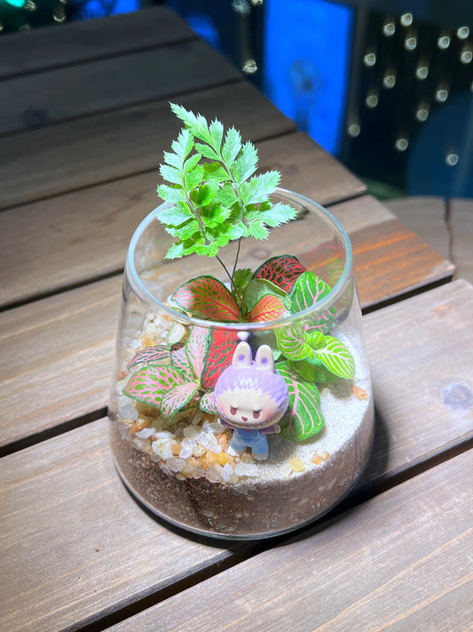 Fittonia & Fern Arrangement with Labubu Figurine in Fuji Glass Terrarium