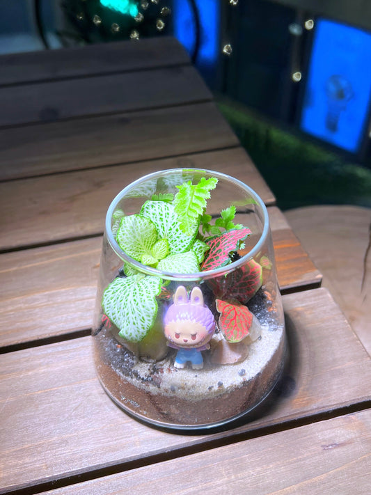 Fittonia & Fern Arrangement with Labubu Figurine in Fuji Glass Terrarium