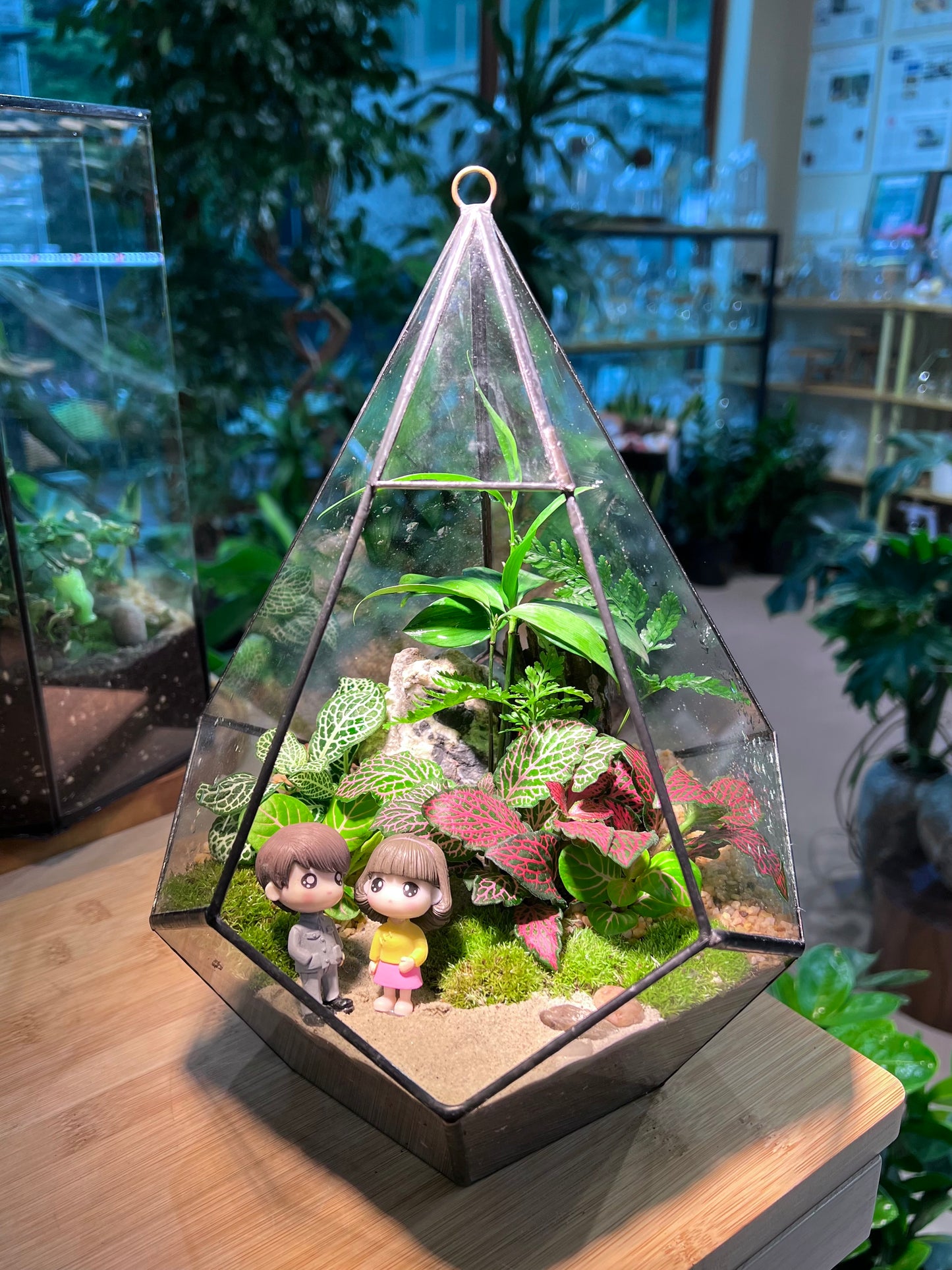 Valentine Gift - Fittonia and Fern with Moss Arrangement in Diamond Glass without Lid