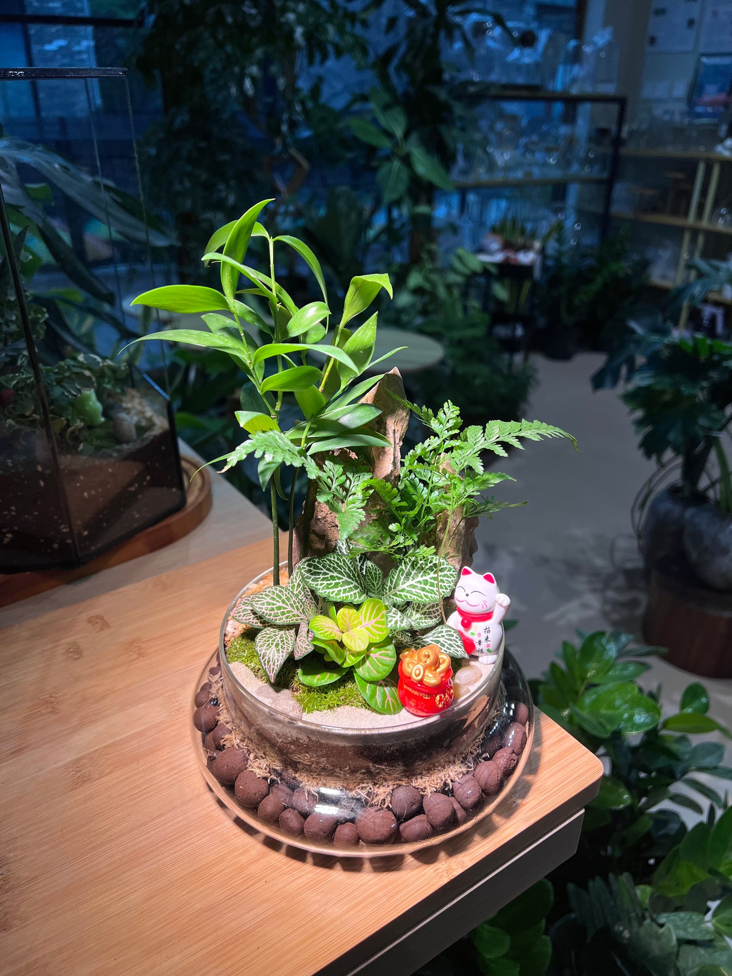 CNY Theme - Fittonia and Fern with Moss Arrangement in Bell Glass (L)
