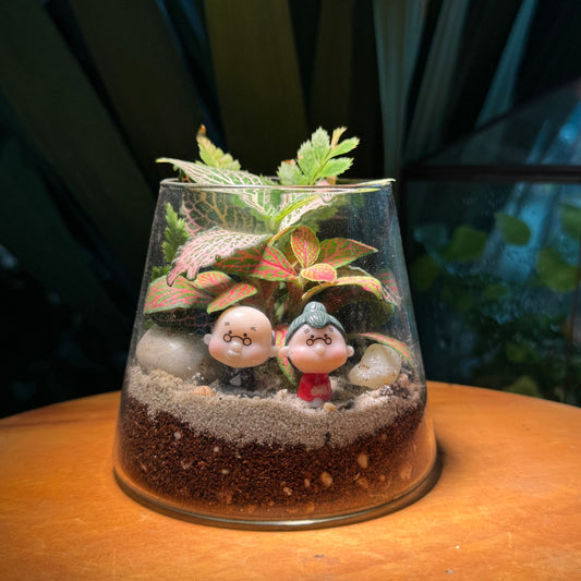 Valentine Day Gift for Couple: Couple Cartoon with Indoor Plants in Fuji Terrarium