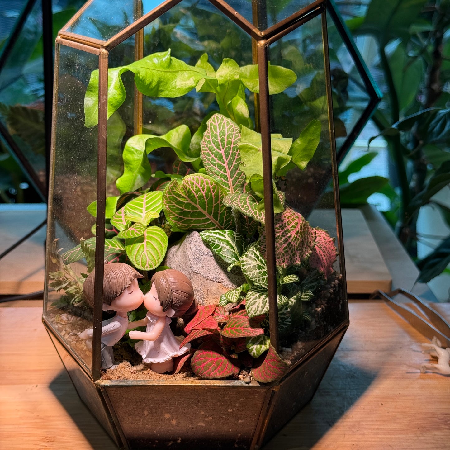 Valentine Gift for Your Beloved - Indoor Plant Arrangement in Golden Frame Polygonal Terrarium Glass