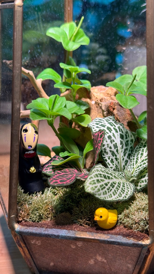 Fittonia and Fern with Moss Arrangement in Gold Polygonal Tall Glass